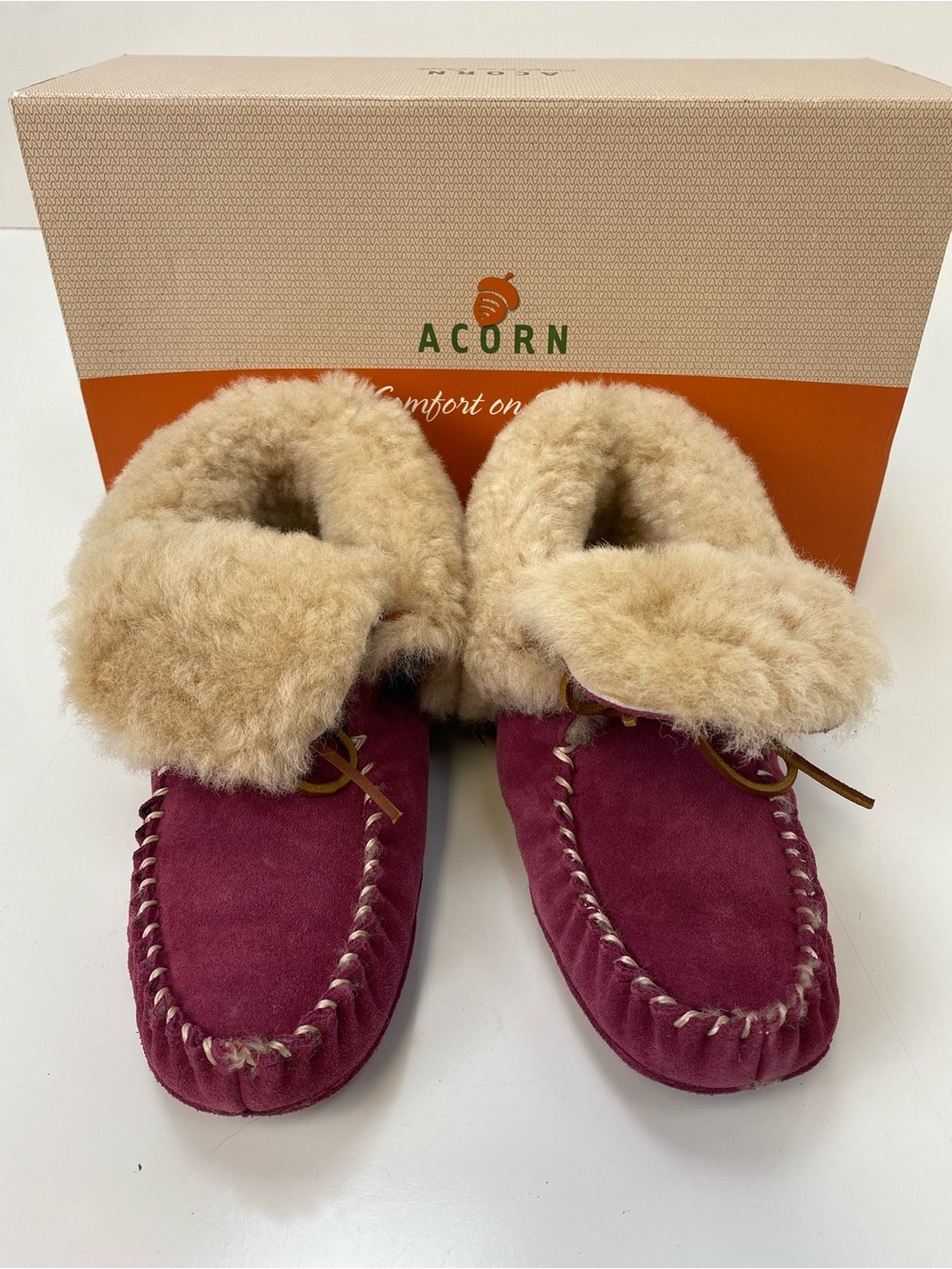Acorn Women's Burgundy Suede Shearling Moccasin Booties